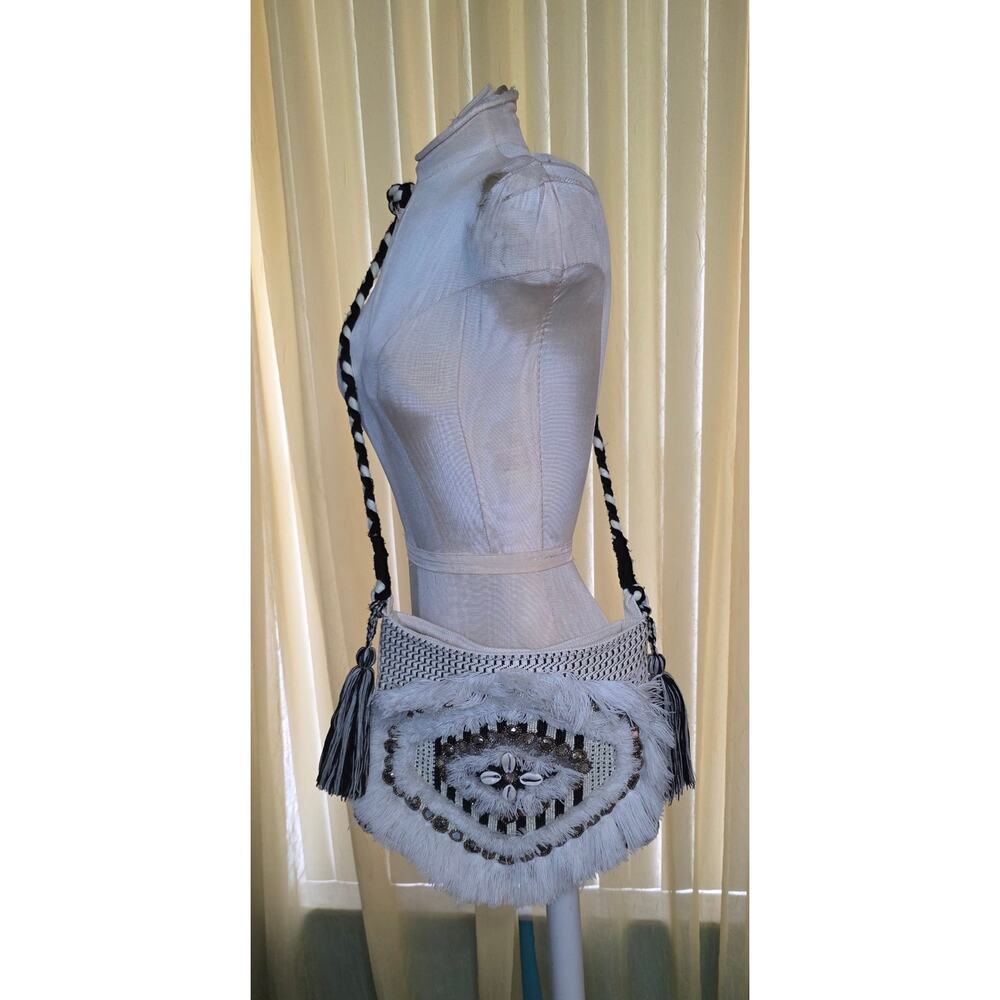 America & Beyond Crossbody‎ Purse Beaded PomPom Natural NEW
